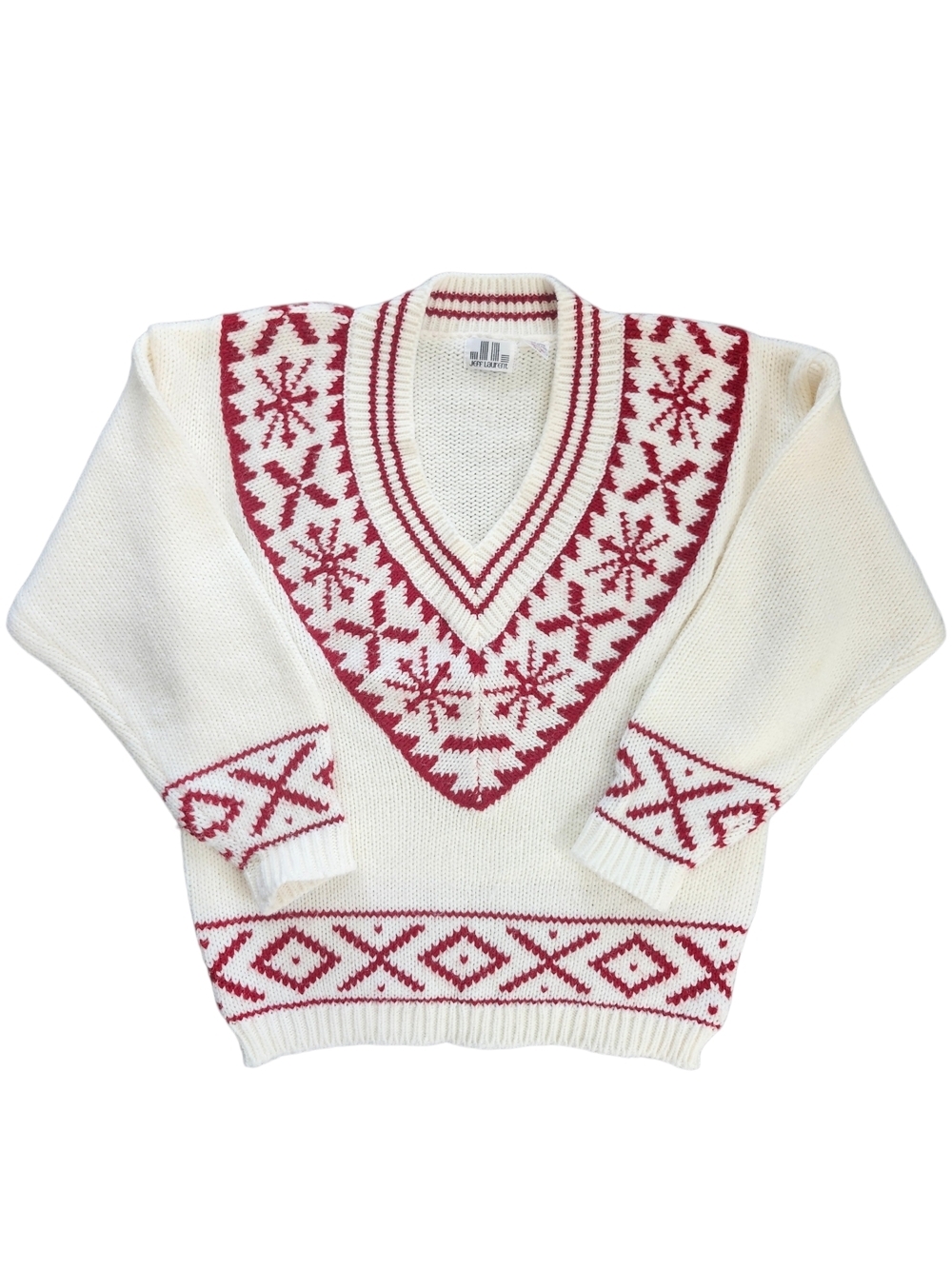 Vintage Nordic Fair Isle Sweater Red Cream Chunky Knit Ski Après Pullover Womens